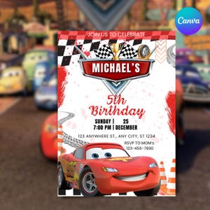 May include: A birthday invitation featuring a red race car, the text "MICHAEL'S 5th Birthday", and event details. The design includes checkered flags, a trophy, and the Canva logo in the upper right corner.