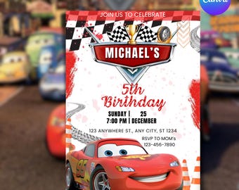 May include: A birthday invitation featuring a red race car, the text "MICHAEL'S 5th Birthday", and event details. The design includes checkered flags, a trophy, and the Canva logo in the upper right corner.