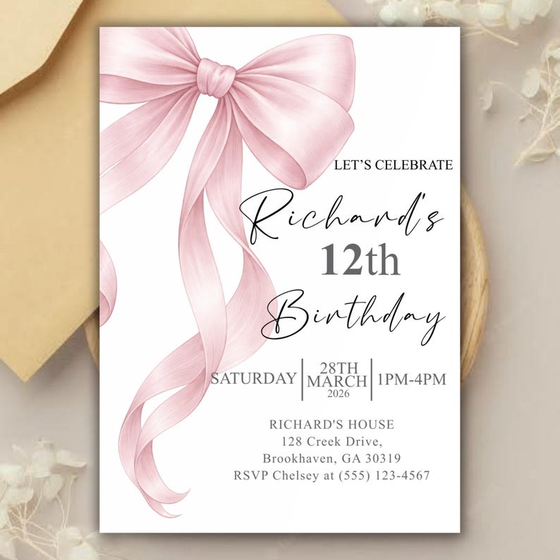 Pink Bow Birthday Invitation, Coquette Birthday Party Invite, Elegant Birthday Template, Girl’s Birthday Evite, Canva Editable Template