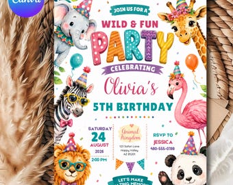 Wild Animal Birthday Invitation, Safari Zoo 5th Birthday Party Invite, Cute Jungle Animals, Editable Canva Template, Instant Download