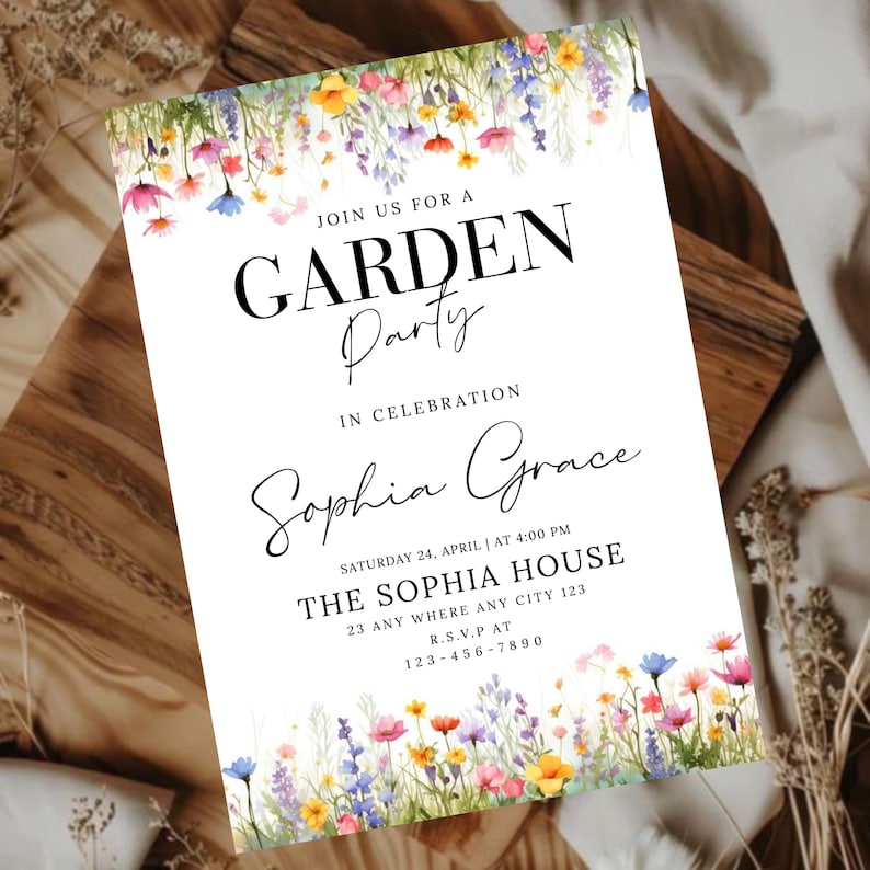 Wildflower Garden Birthday Invitation , Editable Floral Canva Template, Digital Download canva editable