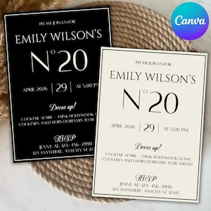 Peut inclure: Deux invitations pour le 20e anniversaire d'Emily Wilson. L'une est noire avec du texte blanc, l'autre est blanc cassé avec du texte noir. Les deux incluent la date, l'heure, le code vestimentaire et les informations RSVP. Le logo Canva est en haut à droite.