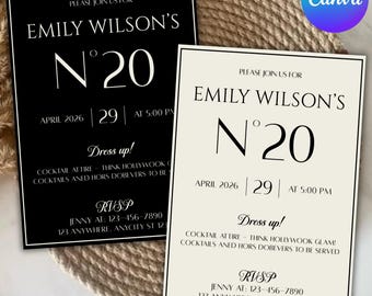 Invito di compleanno Old Money, invito di compleanno elegante e moderno in bianco e nero, compleanno minimalista, modello Canva modificabile, download digitale