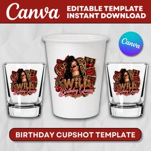 Puede incluir: Una plantilla de diseño digital para una taza y dos vasos de chupito con el gráfico de una persona con gafas de sol, rodeado de corazones con estampado de leopardo, cerezas rojas y el texto "WILD Birthday Queen" en una fuente decorativa.