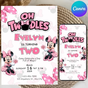 May include: A birthday invitation card and a matching smartphone display featuring a pink and white theme with Minnie Mouse graphics. The text reads: OH TWODDLES, EVELYN IS TURNING TWO, Come Celebrate a Day Full of Magic!, March 16, 2024, at 5 PM.