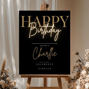 Happy Birthday Welcome Sign, Editable Template, Instant Download, Edit FREE in Canva, Modern Black Gold Birthday, Canva Editable Template