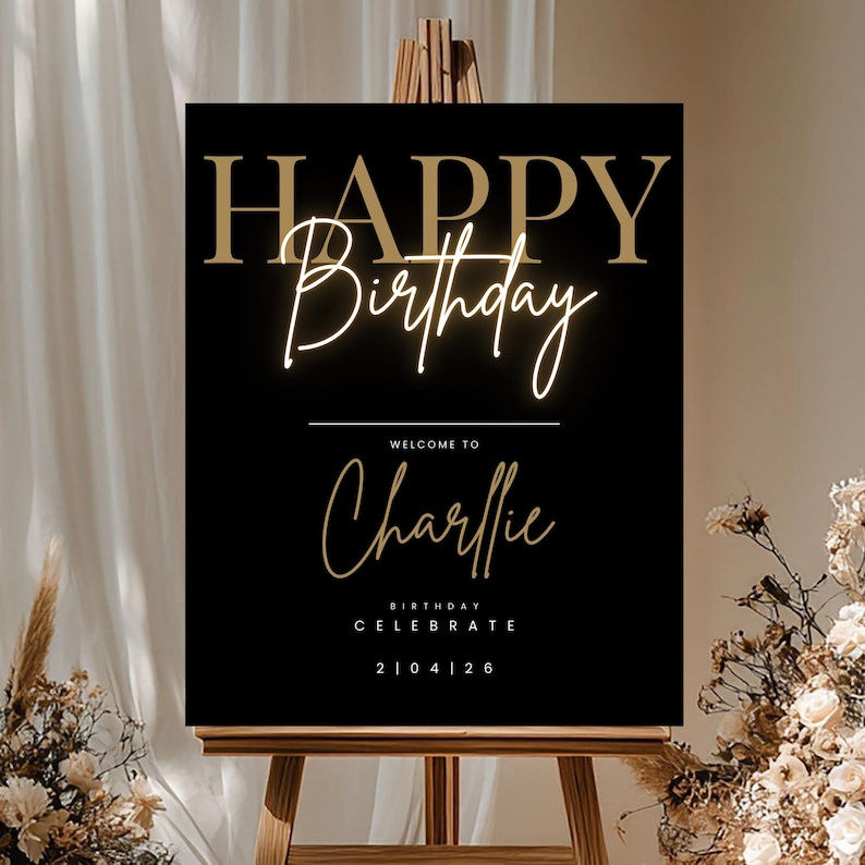 Happy Birthday Welcome Sign, Editable Template, Instant Download, Edit FREE in Canva, Modern Black Gold Birthday, Canva Editable Template