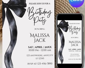 Invito di compleanno con fiocco nero, invito per festa in bianco e nero, modello modificabile Canva, invito per festa di compleanno, download digitale