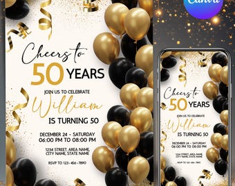 Convite para Aniversário de 50 Anos, Convite para 50 Anos, Convite de Aniversário Dourado e Preto, Convite de Aniversário para Adultos de Qualquer Idade, Modelo Digital Imprimível e Editável no Canva