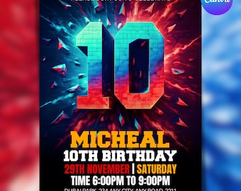May include: A birthday party invitation with a vibrant design. The number "10" is prominently displayed in teal and red, with the name "MICHEAL" and event details below. The background features a dynamic blend of red, blue, and purple hues.