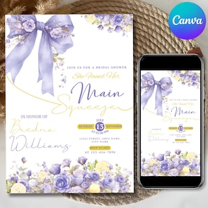 May include: Bridal shower invitation with a watercolor design. The invitation features a large lavender bow and floral accents in purple and yellow. The text reads "She Found Her Main Squeezer" and includes event details.