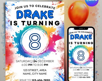 Invitación de cumpleaños para niño con salpicaduras de pintura: Diseño de acuarela editable (descarga digital)