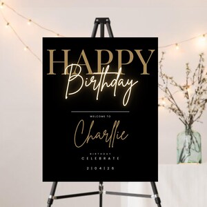 Happy Birthday Welcome Sign, Editable Template, Instant Download, Edit FREE in Canva, Modern Black Gold Birthday, Canva Editable Template