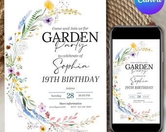 Invito di compleanno a tema giardino fiorito, modello Canva floreale modificabile, download digitale, invito stampabile, modello Canva modificabile
