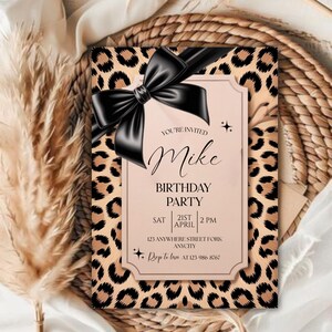 Cheetah Print Birthday Invitation, Coquette Bow Birthday, Birthday Invitations, Digital Download, Printable Invite, Canva Editable Template