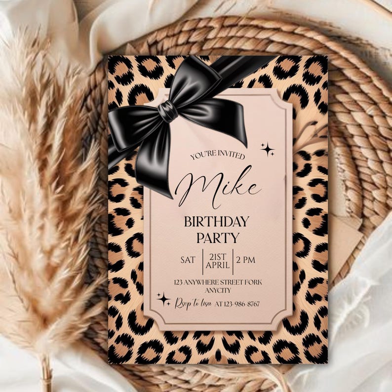 Cheetah Print Birthday Invitation, Coquette Bow Birthday, Birthday Invitations, Digital Download, Printable Invite, Canva Editable Template