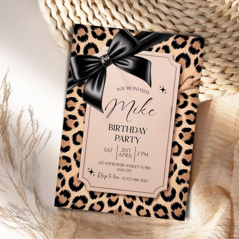 Cheetah Print Birthday Invitation, Coquette Bow Birthday, Birthday Invitations, Digital Download, Printable Invite, Canva Editable Template