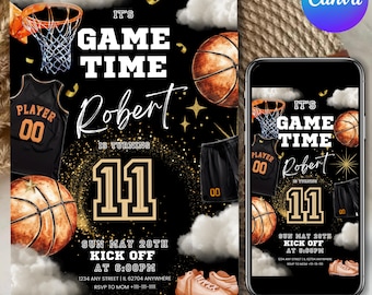 Invito di compleanno a tema basket, festa sportiva con partita di basket digitale, invito di compleanno American Black Gold, modello modificabile Canva