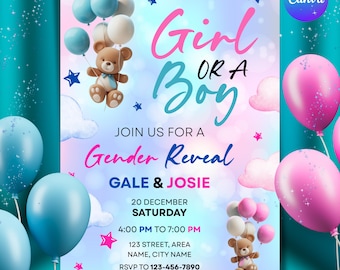 Teddy Bear Gender Reveal Invitation, Pink And Light Blue He or She, Teddy Bear Idea, Gender Reveal Invite, Canva Editable Template