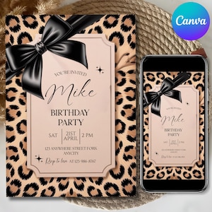 Cheetah Print Birthday Invitation, Coquette Bow Birthday, Birthday Invitations, Digital Download, Printable Invite, Canva Editable Template
