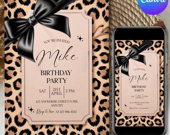 Invito di compleanno con stampa leopardata, Invito di compleanno con fiocco civettuolo, Inviti di compleanno, Download digitale, Invito stampabile, Modello modificabile su Canva