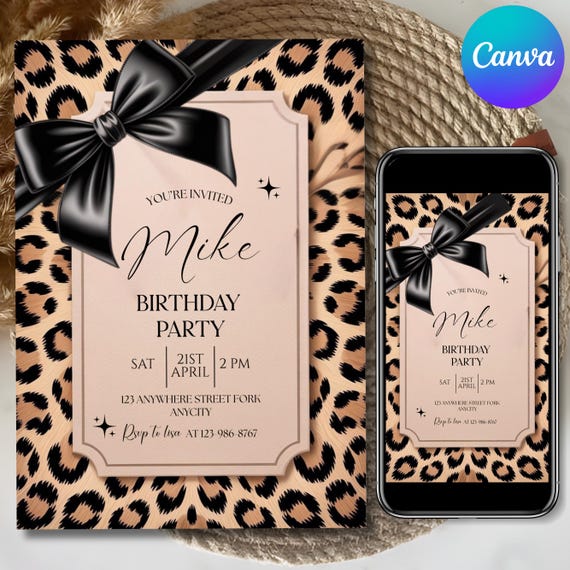 Cheetah Print Birthday Invitation, Coquette Bow Birthday, Birthday Invitations, Digital Download, Printable Invite, Canva Editable Template