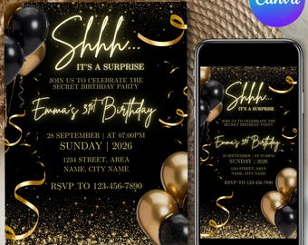 Überraschungs-Geburtstagseinladung, Schwarz-Gold-Glitter-Geburtstag, digitale Einladung, Party-Einladungsvorlage für Erwachsene, Canva bearbeitbare Vorlage