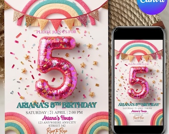Invito per il 5° compleanno di una bambina, invito con paillettes arcobaleno e glitter, modello stampabile per feste di compleanno per bambine, invito di compleanno rosa per bambine, modificabile su Canva.