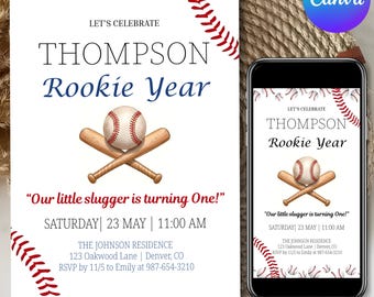Invito per il primo compleanno a tema baseball, Invito per il compleanno del Rookie dell'anno di baseball, Invito per il compleanno del Rookie, Invito per il primo compleanno del Rookie