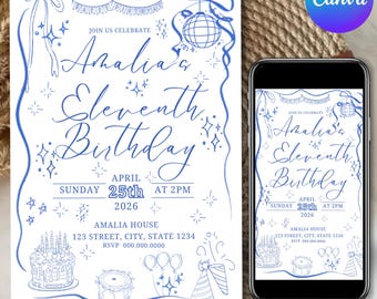 Modello di invito di compleanno blu, invito per festa di compleanno del 13° compleanno, download digitale per ragazze adolescenti, modello stampabile, modello modificabile Canva