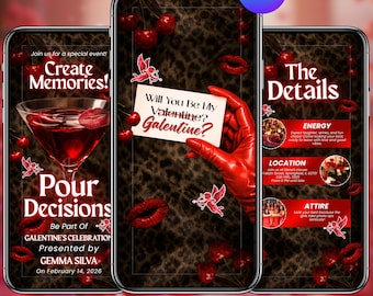 Modello di invito per il Galentine's Day di Pour Decisions, invito per la serata tra ragazze, invito elettronico per Galentines con stampa Red Cheetah, invito digitale per Galentines, fai da te