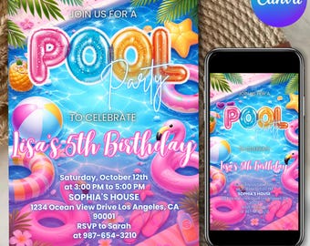 Invito per festa di compleanno in piscina per ragazze, festa di compleanno in piscina, invito per festa in piscina, compleanno per ragazze adolescenti, festa estiva in piscina, modello modificabile Canva