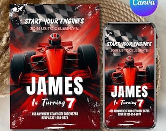 Invitación de cumpleaños de coche de carreras, fiesta de coches de carreras, fiesta de carreras, invitación de coche de carreras deportivo, invitación para niños, cumpleaños de coche, plantilla editable de Canva