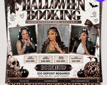 October Booking Flyer Template, Halloween Books Flyer, Spooky Season Booking Open, Hair Lash Nail Braid Makeup Beauty, Canva Editable