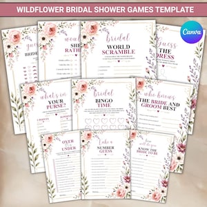 May include: A collection of printable bridal shower games with floral and botanical designs. The games include "Guess the Dress," "Bridal Bingo Time," and "World Scramble." The template features a soft color palette of pinks, greens, and whites.