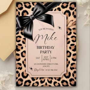 Cheetah Print Birthday Invitation, Coquette Bow Birthday, Birthday Invitations, Digital Download, Printable Invite, Canva Editable Template
