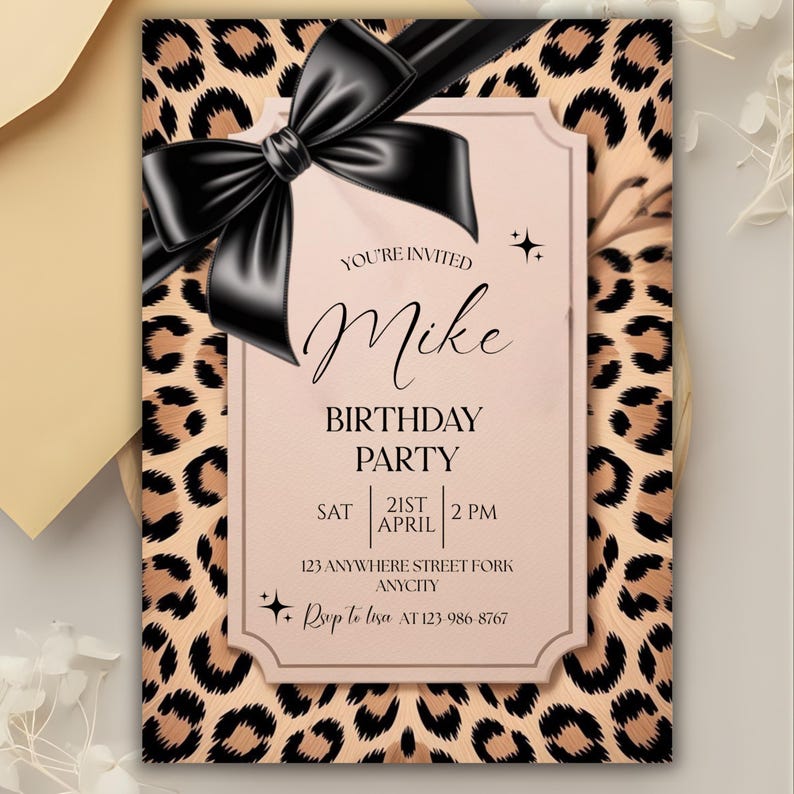 Cheetah Print Birthday Invitation, Coquette Bow Birthday, Birthday Invitations, Digital Download, Printable Invite, Canva Editable Template