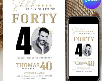 Invito a sorpresa per il 40° compleanno, download digitale, per uomo o donna, invito di compleanno per adulti con foto, modificabile e stampabile, download immediato.