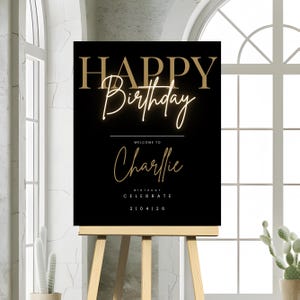 Happy Birthday Welcome Sign, Editable Template, Instant Download, Edit FREE in Canva, Modern Black Gold Birthday, Canva Editable Template