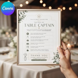Könnte beinhalten: Ein gerahmtes Schild mit dem Titel You've Been Chosen for the Role of Table Captain, das Anweisungen für Hochzeitsgäste enthält, wie das Falten von Servietten, das Füllen von Gläsern, das Fotografieren und das Aufnehmen von Videos, verziert mit grünen botanischen Illustrationen.
