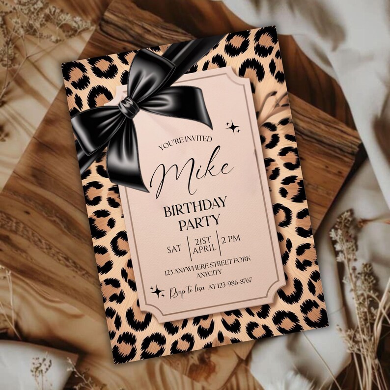 Cheetah Print Birthday Invitation, Coquette Bow Birthday, Birthday Invitations, Digital Download, Printable Invite, Canva Editable Template