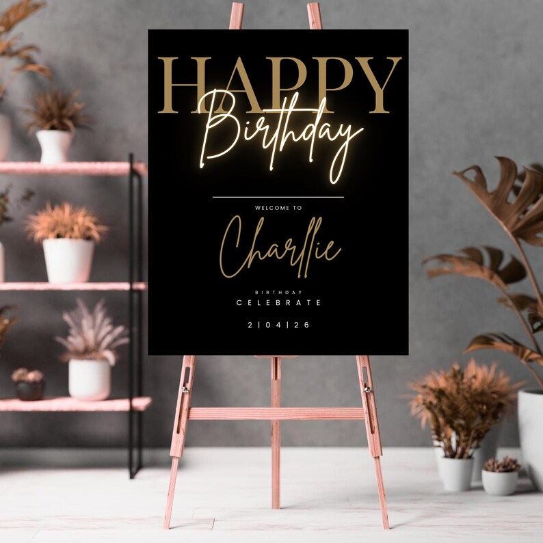 Happy Birthday Welcome Sign, Editable Template, Instant Download, Edit FREE in Canva, Modern Black Gold Birthday, Canva Editable Template