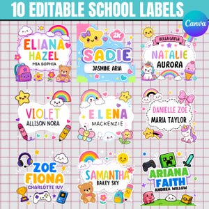 Editable School labels in Canva, character outline #2, back to school Template, Canva Template, Digital Download, Canva Editable Template