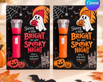 Halloween Flashlight Favor Card Template, Editable Canva Gift Tag, Non Candy Trick or Treat Favor, Kids Classroom Halloween Printable
