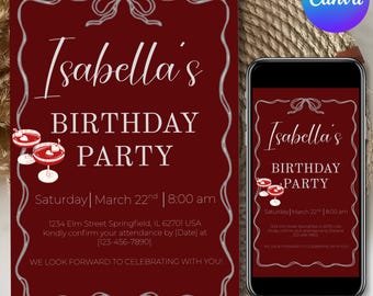 Modello di invito per cena di compleanno, invito per cocktail party, download immediato, modello stampabile, modello modificabile con Canva