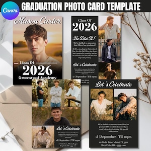 Puede incluir: Plantilla de tarjeta de fotos de graduación con el nombre "Mason Carter" y "Clase de 2026". La tarjeta incluye fotos de un joven y el texto "¡Lo hizo!" y "Celebremos".