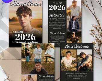 Modello di cartolina fotografica per la laurea maschile, Classe 2026, Annuncio di laurea per ragazzo dell'ultimo anno, Invito con collage di foto scritto a mano, Fai da te su Canva