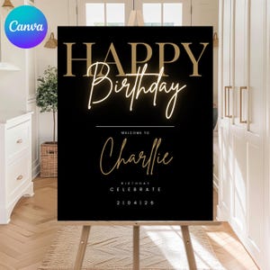 Happy Birthday Welcome Sign, Editable Template, Instant Download, Edit FREE in Canva, Modern Black Gold Birthday, Canva Editable Template