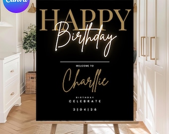 Cartello di benvenuto per buon compleanno, modello modificabile, download immediato, modificabile GRATUITAMENTE su Canva, compleanno moderno nero e oro, modello modificabile su Canva