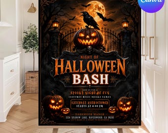 Editable Halloween Party Welcome Sign, Scull Pumpkin Party Printable Party Decor, Gothic Horror Welcome Poster, Self Editable Canva Template